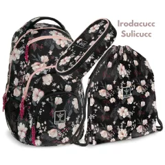   ARS UNA Hátizsák AU-2 iskolatáska szett, Flowery black, 3 részes
