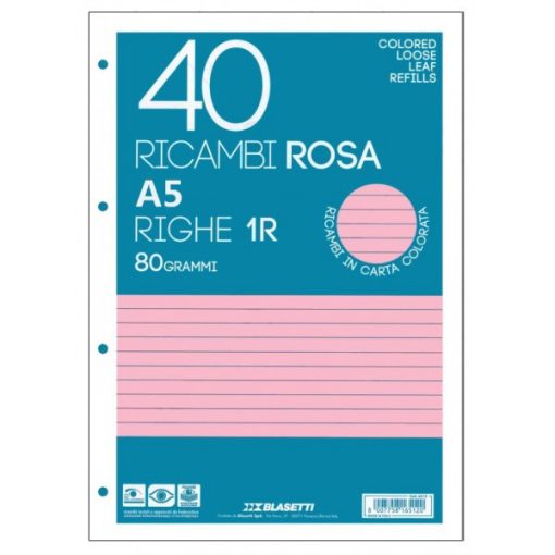 BLASETTI Ricambi gyűrűskönyv betét A/5 40 lap vonalas, rózsaszín