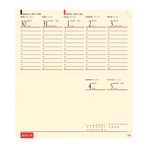 BOLERO zsebnaptár fekvő 2026. évi, Mustár