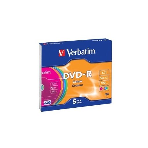 DVD-R írható VERBATIM 4,7GB, 16x, színes,  5db/csom vékony tok