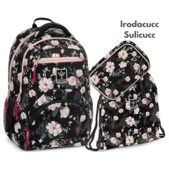    ARS UNA Hátizsák Ergonomikus iskolatáska szett, Flowery Black, 3 részes