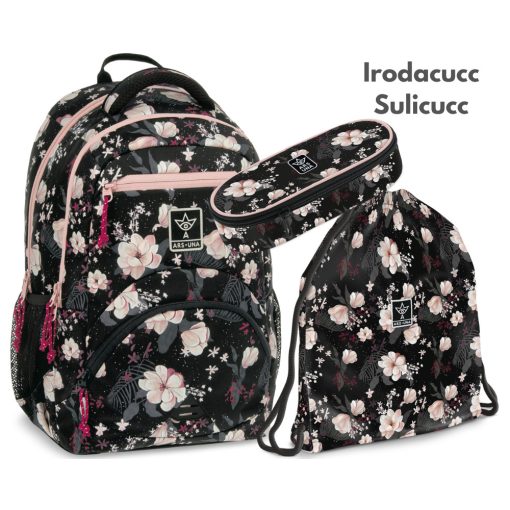  ARS UNA Hátizsák Ergonomikus iskolatáska szett, Flowery Black, 3 részes